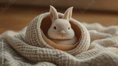 Bunny in eggshell with woolen blanket photo