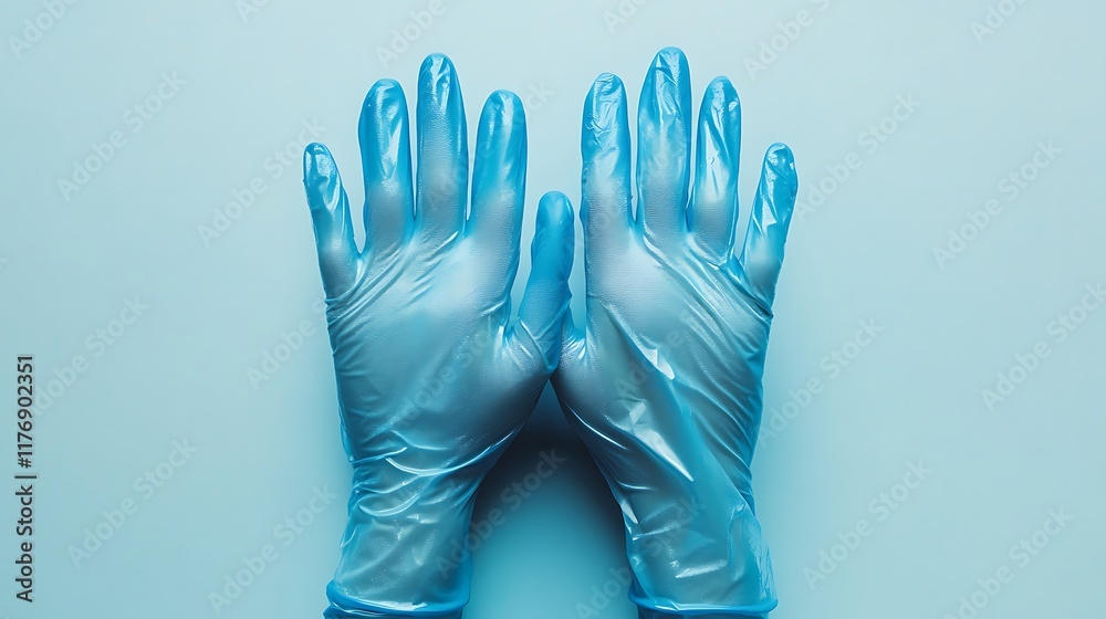 Obraz premium pair of blue medical gloves are laid out against a flat background. They are presumably intended for protective use. The gloves appear to be clean and new.