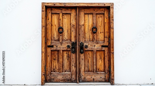 Old wooden double doors on white wall, exterior building entrance.