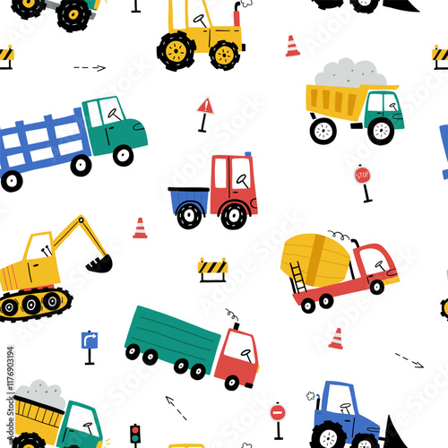 Seamless vector pattern with cute cars - Truck, tractor, cargo crane, bulldozer, excavator. Drawing for children's textiles with cars and vehicles for boys. Kids car background. Scandinavian style