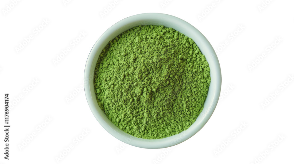 Green Matcha Powder in Bowl: A close-up, top-down view of a small white bowl filled with vibrant green matcha powder, a healthy and flavorful ingredient for smoothies, lattes, and teas. Green Matcha Powder in Bowl: A close-up, top-down view of a small white bowl filled with vibrant green matcha powder, a healthy and flavorful ingredient for smoothies, lattes, and teas.