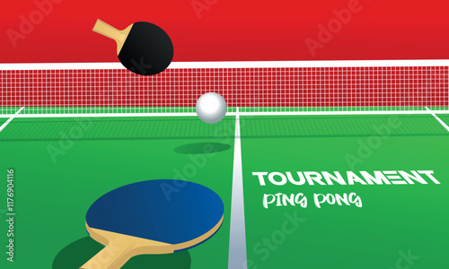 Table tennis poster. Two rackets, net and ping pong ball. Vector flat
