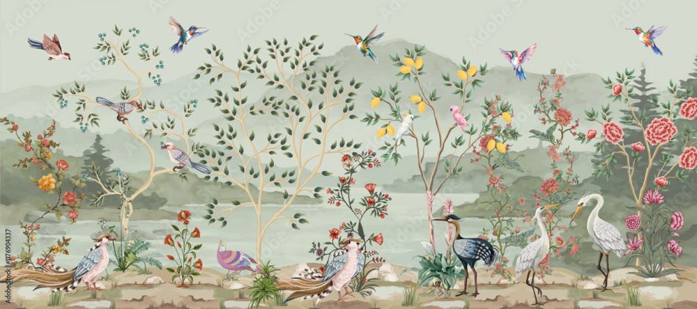 Vintage French garden decor chinois new classical vector illustration for wallpaper print, Bird, Watercolor Background.