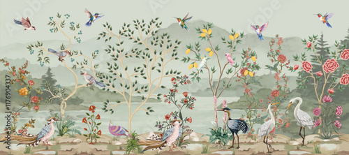 Vintage French garden decor chinois new classical vector illustration for wallpaper print, Bird, Watercolor Background.