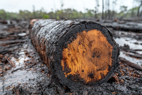 Close-up of a charred log in a deforested area, highlighting the contrast between the burnt exterior and the vibrant orange inner wood.  A poignant image reflecting environmental damage. photo