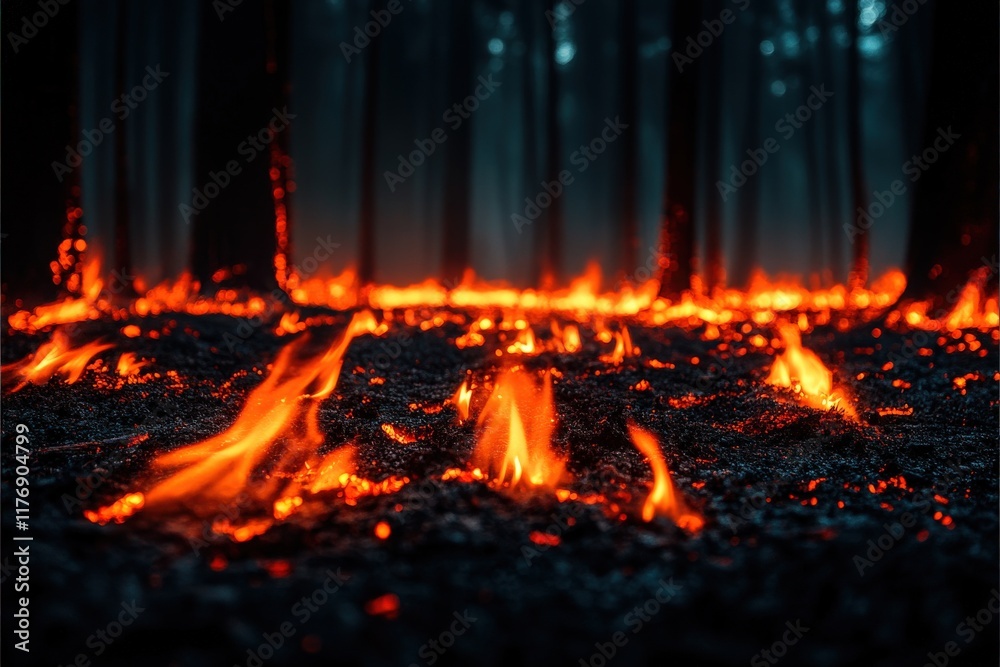Fiery forest floor ablaze, intense flames licking at the charred earth amidst dark trees. A dramatic image depicting a forest fire. Fiery forest floor ablaze, intense flames licking at the charred earth amidst dark trees. A dramatic image depicting a forest fire.
