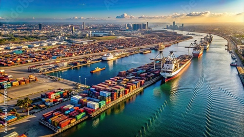 Aerial view of Long Beach Harbor with ships and containers , Long Beach, harbor, aerial view, boats, ships, containers, industrial