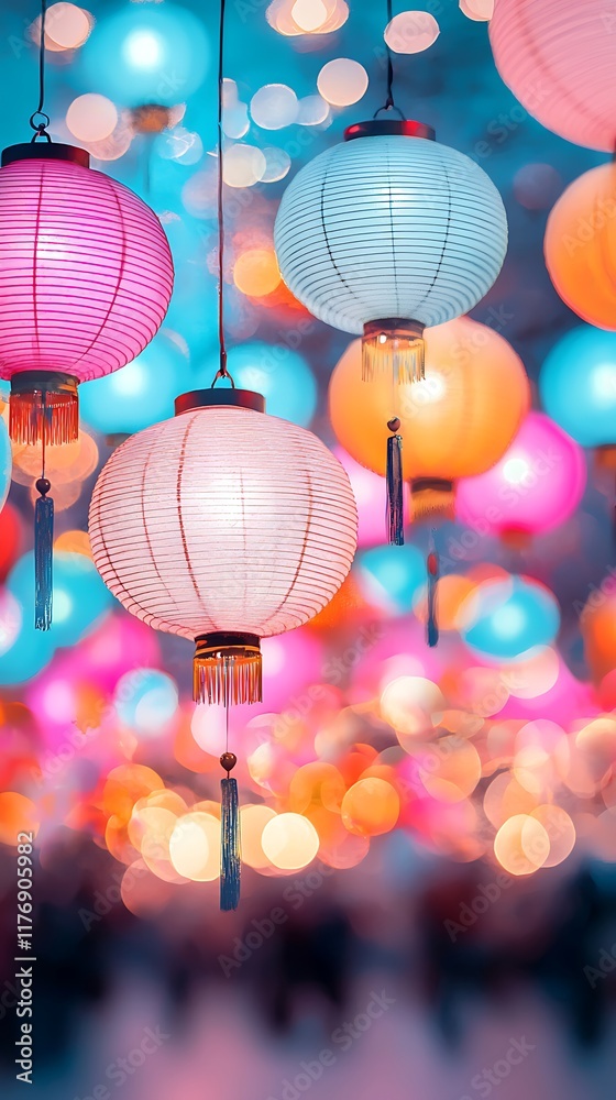 Obraz premium Colorful lanterns illuminate the night, creating a vibrant atmosphere filled with soft bokeh lights, capturing the essence of celebration and beauty.
