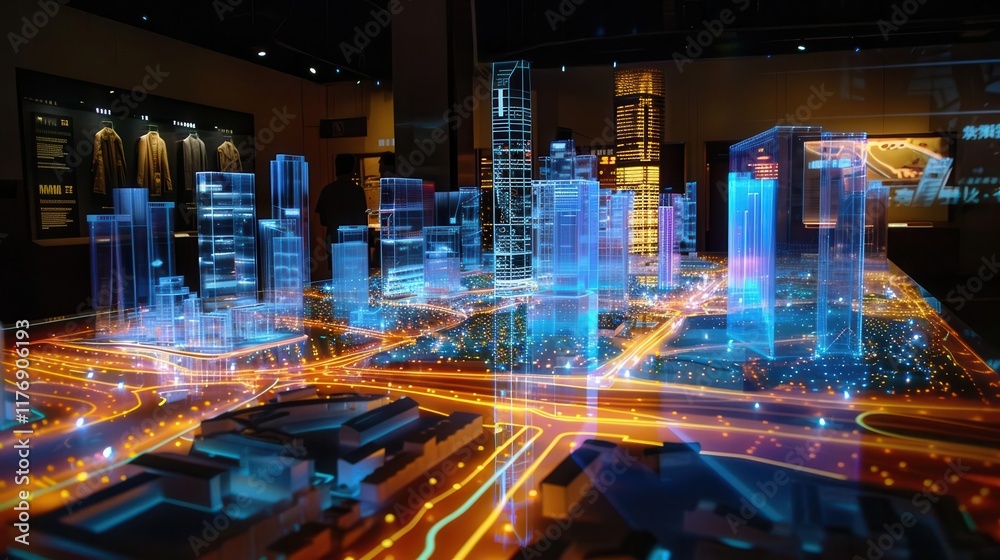 Obraz premium A futuristic holographic city model showcasing urban planning and architecture.