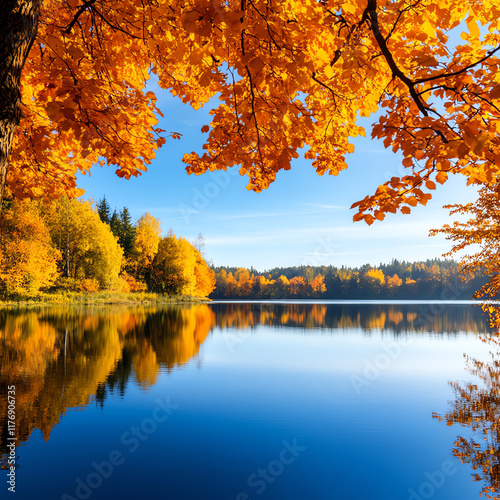 A serene lake surrounded by vibrant autumn trees, reflecting brilliant orange and blue hues in calm waters under clear skies.