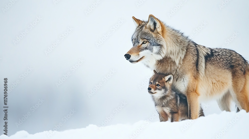 Fototapeta premium A coyote and its pup stand together in a snowy landscape. 