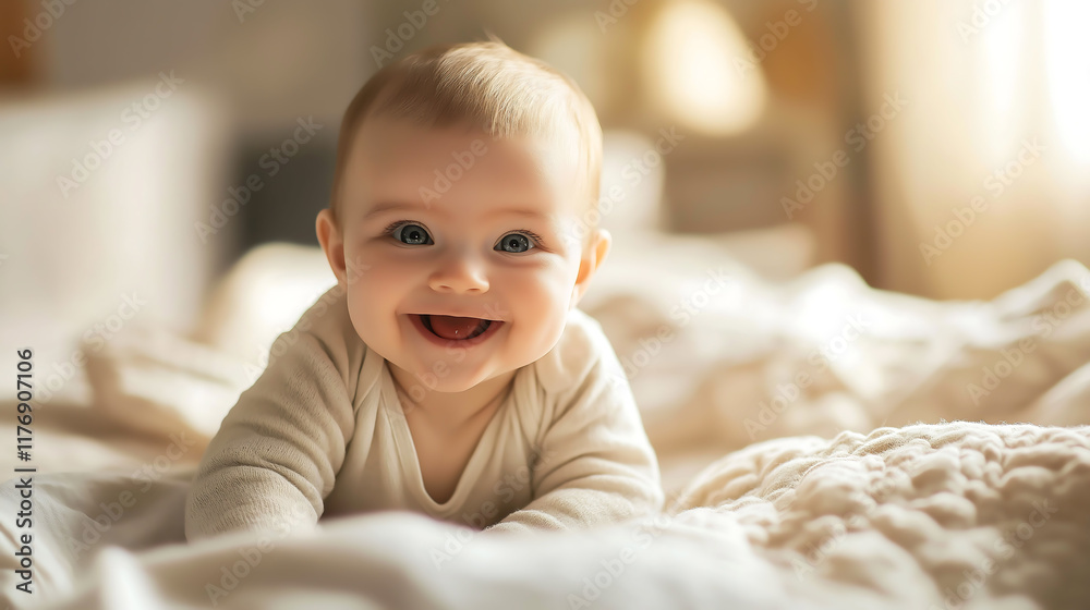 A happy baby newborn is smiling while on an bed A happy baby newborn is smiling while on an bed
