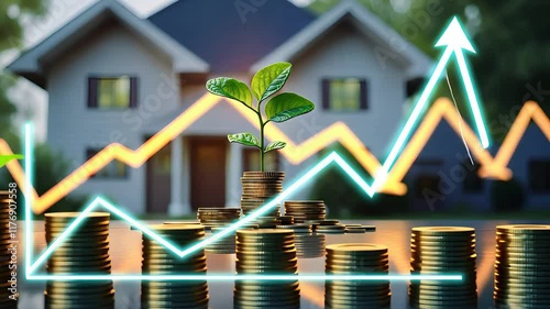 Growth of Real Estate Investment with Money, Plant, and Rising Financial Graph in Front of a House

 photo