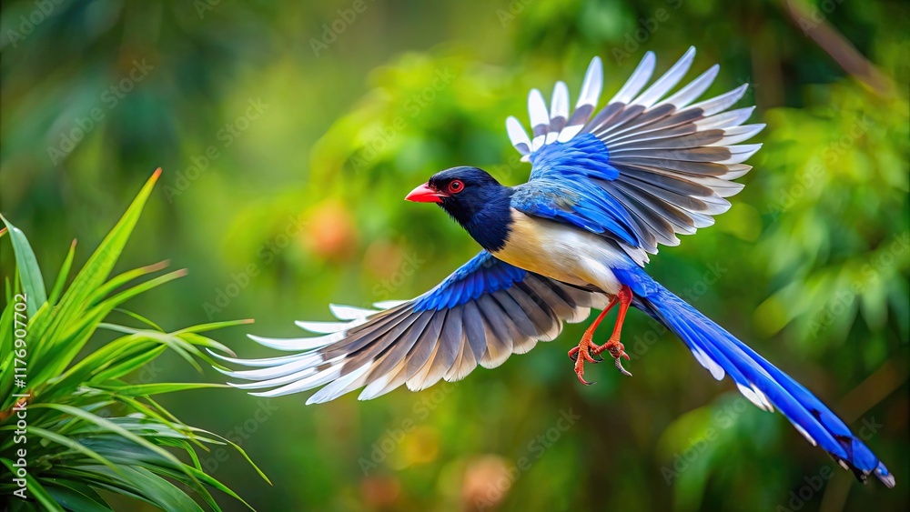 Fototapeta premium Red-billed blue magpie flying in lush green nature, bird, red-billed blue magpie, flying, green background, nature