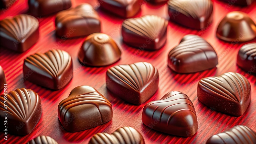 Obraz premium Heart-Shaped Chocolate Candies on Red Background - Valentine's Day Sweets