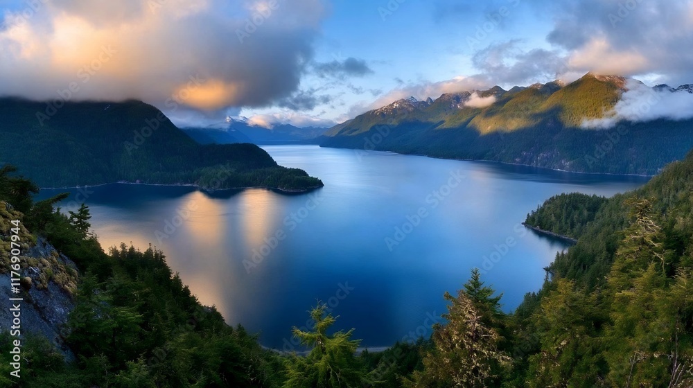 Serene Mountain Lake Panorama: A Breathtaking View of Nature's Majesty at Dawn Serene Mountain Lake Panorama: A Breathtaking View of Nature's Majesty at Dawn