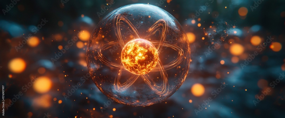 Fototapeta premium Glowing Atomic Structure in Glass Orb, Abstract Science Background