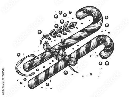 Christmas candy canes, holly leaves, and a lollipop, capturing festive holiday treats sketch engraving generative ai vector illustration. Scratch board imitation. Black and white image.