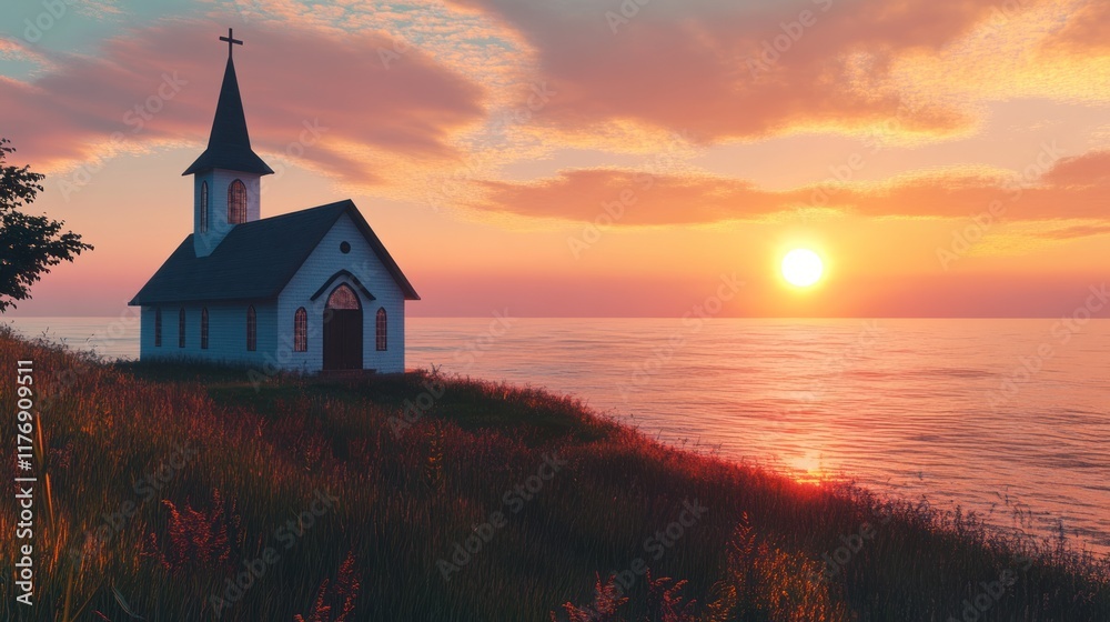 Coastal Church Sunset Landscape, Peaceful Seascape Coastal Church Sunset Landscape, Peaceful Seascape