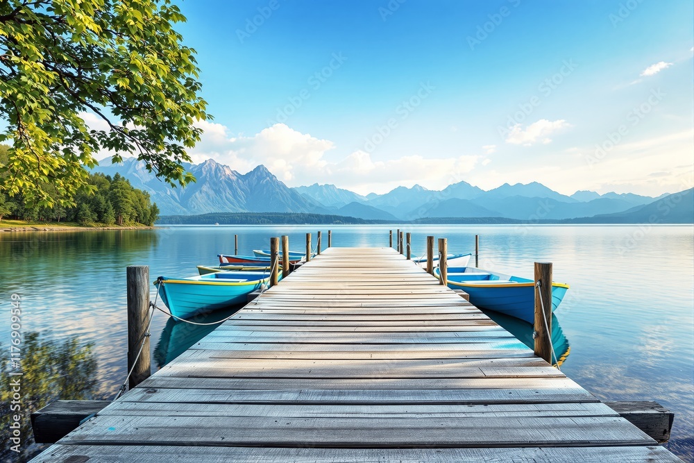 Obraz premium Wooden pier with boats on a serene lake, lush trees, mountains, and a clear sky. Calm and peaceful nature scenery. Ai generative
