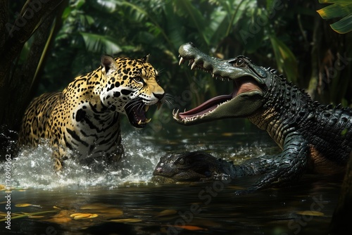 Front view dramatic action of a jaguar attacking a caiman