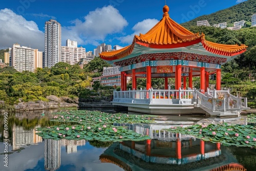 Pagoda, lotus pond, city skyline, Hong Kong park