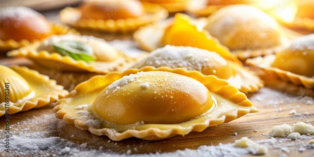 Homemade Italian Ravioli Closeup - Fresh Pasta Ready to Cook, Bokeh Background Homemade Italian Ravioli Closeup - Fresh Pasta Ready to Cook, Bokeh Background