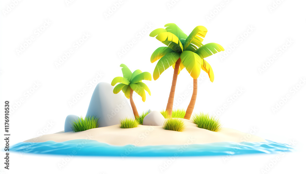 Obraz premium A serene tropical island scene featuring vibrant palm trees, rocky formations, and calm turquoise waters for relaxation.