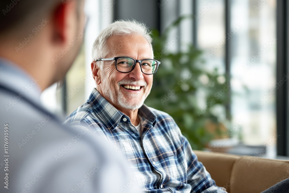 Elderly man in glasses smiling during a casual conversation in a modern office setting, with natural light and greenery in the background. Concept of positivity. Ai generative. Elderly man in glasses smiling during a casual conversation in a modern office setting, with natural light and greenery in the background. Concept of positivity. Ai generative.