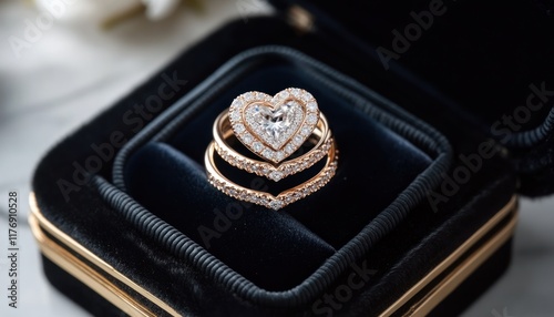 Rose gold heart diamond ring in box, flowers blurred background, engagement proposal photo