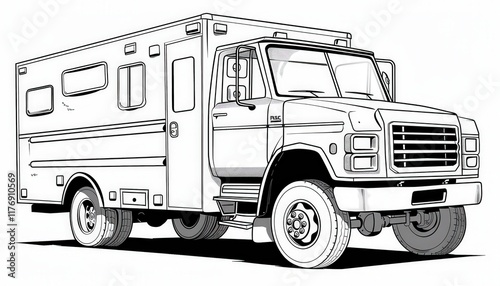 A vintage ambulance truck line art illustration. Ideal for coloring books, posters, or t-shirt designs showcasing classic emergency vehicles.