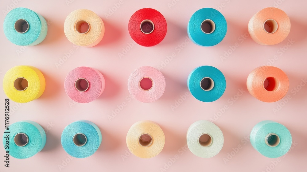 Organized sewing thread collection, emerald green, powder blue, coral pink, marigold yellow spools, geometric grid arrangement, pastel lilac background, flat lay photography, crafting supplies, clean Organized sewing thread collection, emerald green, powder blue, coral pink, marigold yellow spools, geometric grid arrangement, pastel lilac background, flat lay photography, crafting supplies, clean