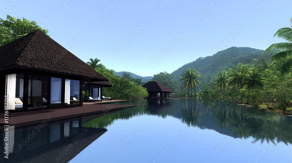 Serene tropical landscape with modern villas by a calm water body. Serene tropical landscape with modern villas by a calm water body.