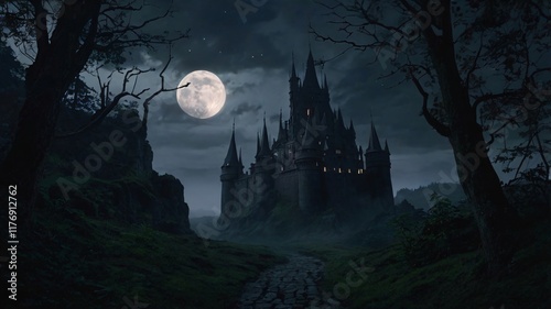 Dark, Enchanted Castle Standing at the Edge of a Jagged Cliff with a Pale Moonlight Background