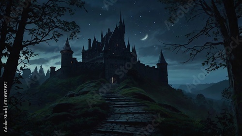 Dark, Enchanted Castle Standing at the Edge of a Jagged Cliff with a Pale Moonlight Background