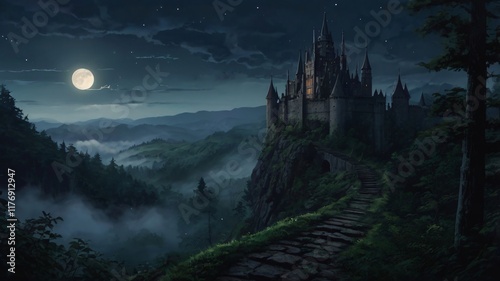 Dark, Enchanted Castle Standing at the Edge of a Jagged Cliff with a Pale Moonlight Background
