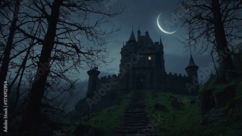 Dark, Enchanted Castle Standing at the Edge of a Jagged Cliff with a Pale Moonlight Background