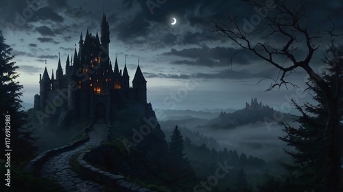 Dark, Enchanted Castle Standing at the Edge of a Jagged Cliff with a Pale Moonlight Background