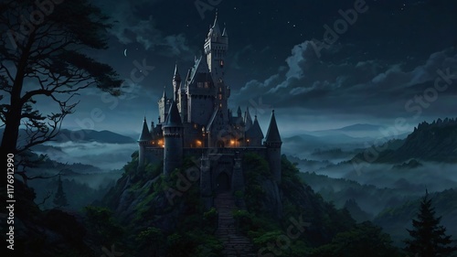 Dark, Enchanted Castle Standing at the Edge of a Jagged Cliff with a Pale Moonlight Background