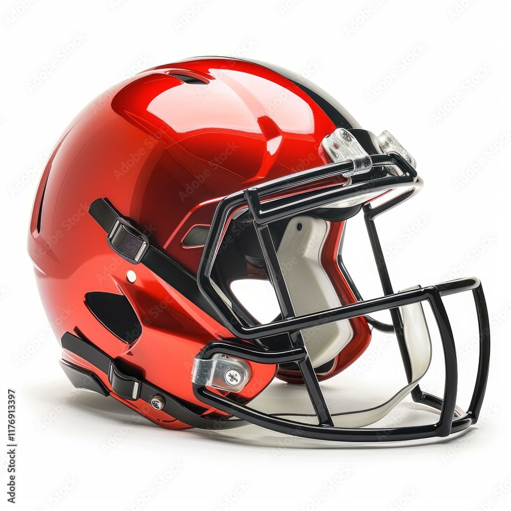 Fototapeta premium Shiny new red and black football helmet resting on white background, ready for game day