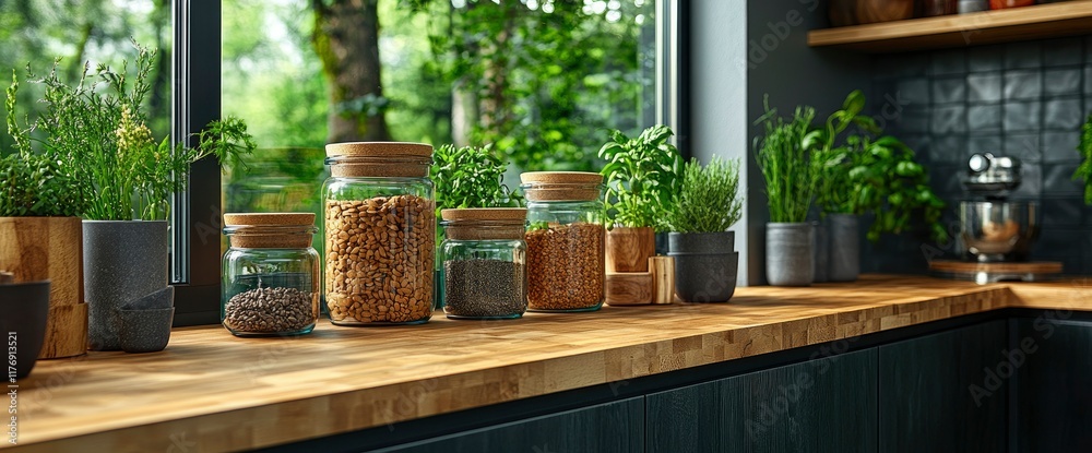 Modern Kitchen Countertop with Glass Jars of Dry Goods and Herbs Modern Kitchen Countertop with Glass Jars of Dry Goods and Herbs