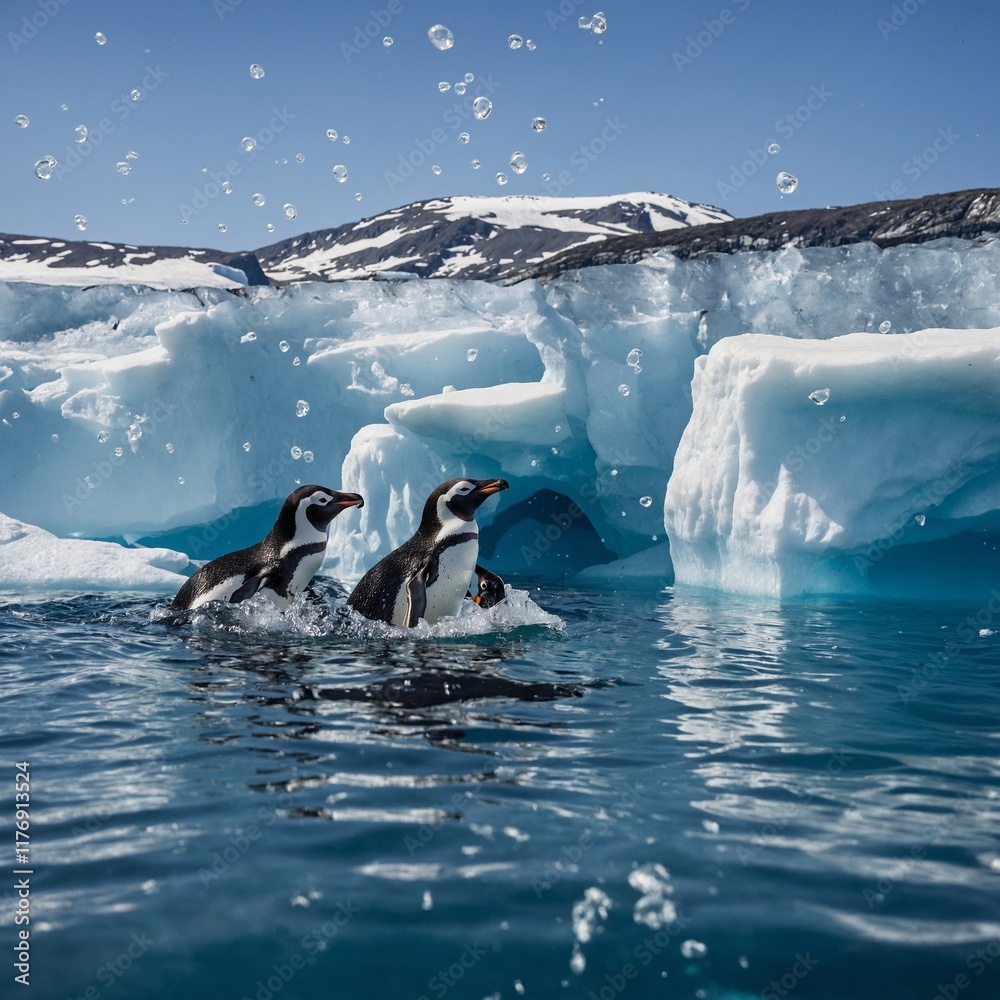 Obraz premium A group of penguins swimming near an iceberg, with underwater bubbles rising.