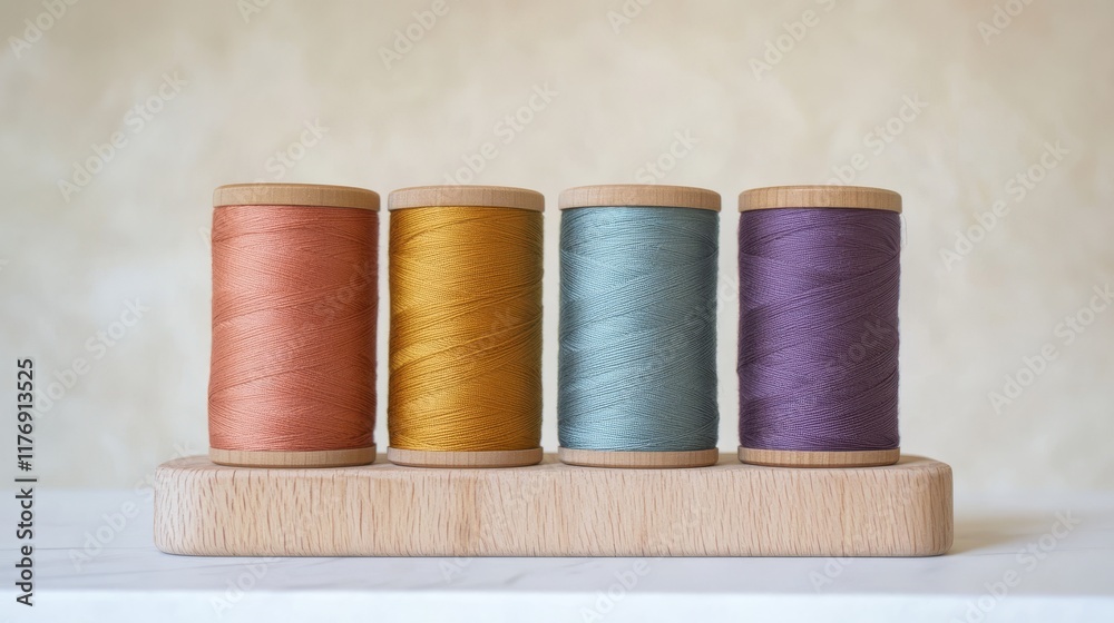Contemporary thread spool display with sage green, burnt orange, sky blue, plum purple threads, layered composition, soft natural lighting, elegant bokeh effect, crisp white backdrop Contemporary thread spool display with sage green, burnt orange, sky blue, plum purple threads, layered composition, soft natural lighting, elegant bokeh effect, crisp white backdrop