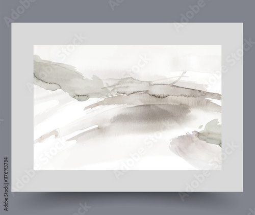 Minimalistic winter landscape with snowdrifts on ground that appeared after long snowfall and blizzard. Snowy watercolour mountains on arctic landscape on interior poster, for room wall design
