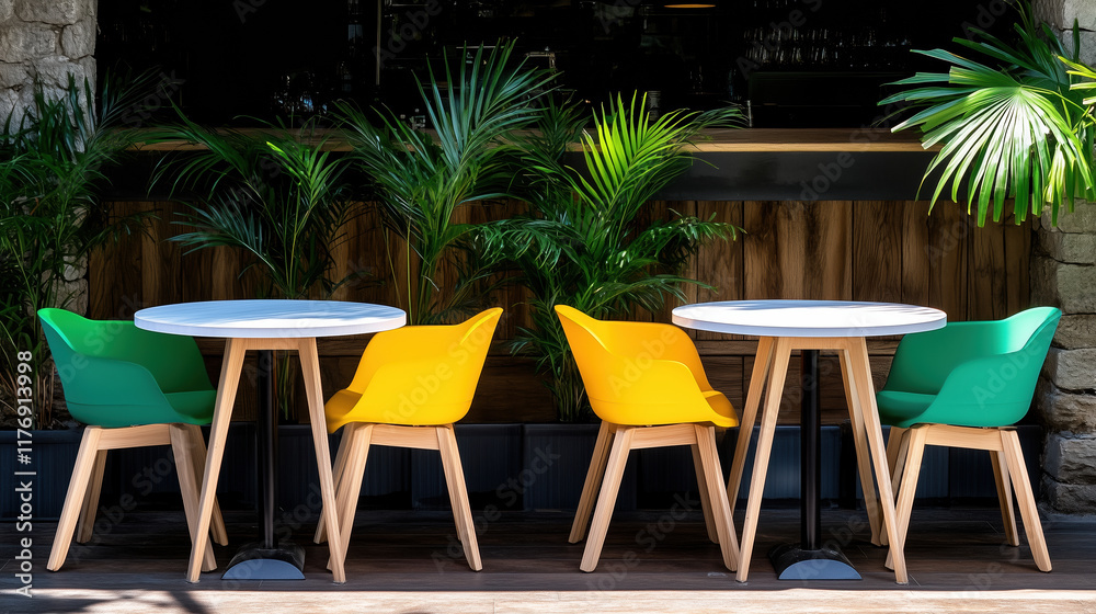 Fototapeta premium Brightly colored chairs and tables in modern outdoor setting
