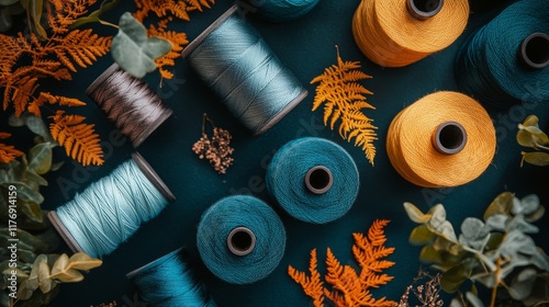 minimalist craft supplies layout, sewing thread spools top view, modern composition with copy space, detailed fiber texture, autumn and ocean color palette, studio lighting, high contrast