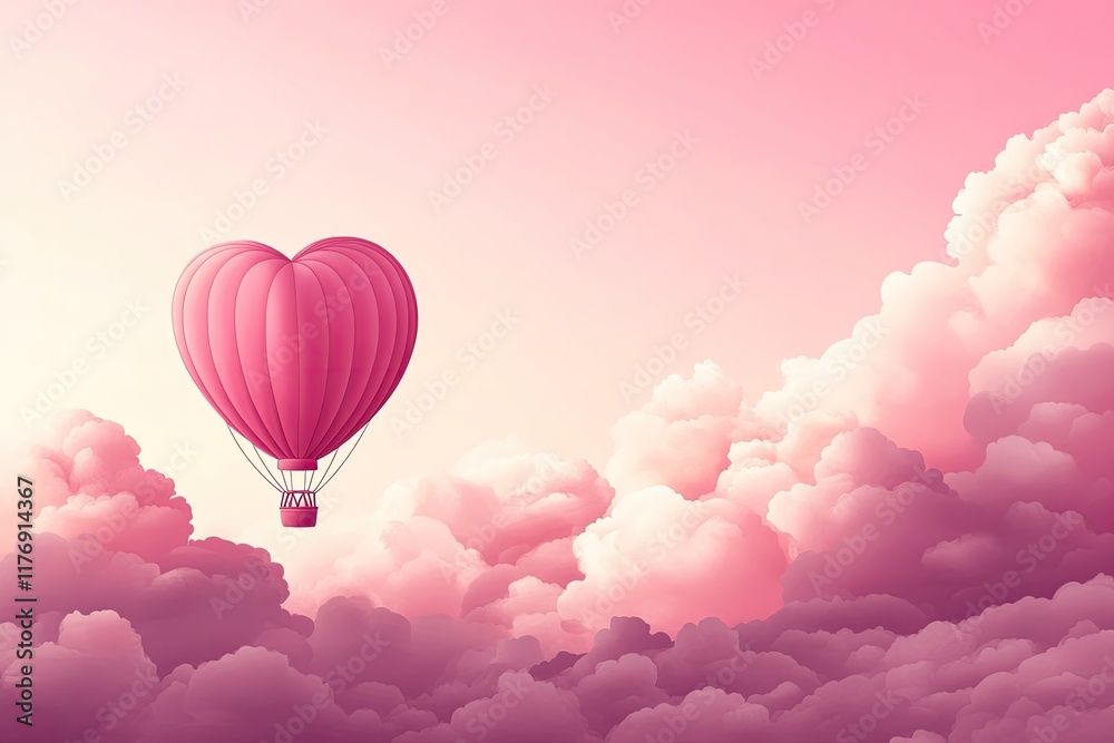 Obraz premium An illustrated hot air balloon in the shape of a heart floating in a pink sky with fluffy clouds. The sky features a blank banner for a custom message Valentine’s Day card