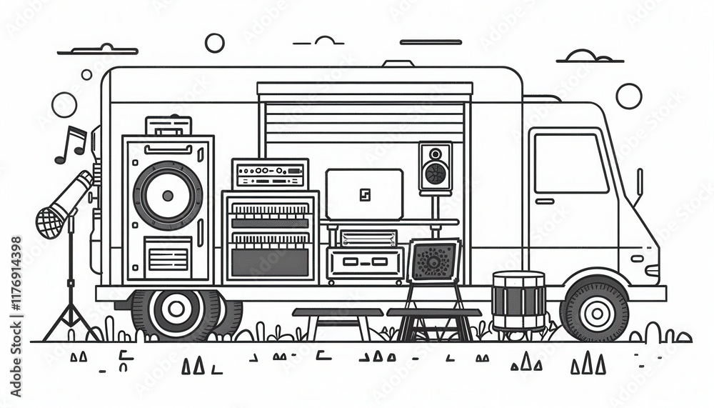 Fototapeta premium A mobile recording studio van equipped with instruments and audio equipment perfect for music production on the go. Ideal for bands, podcasters, and filmmakers.