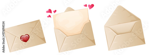 Love Letter Set with Hearts, Closed, Opened & Empty Versions. Valentine`s Day Cartoon Isolated Illustrations