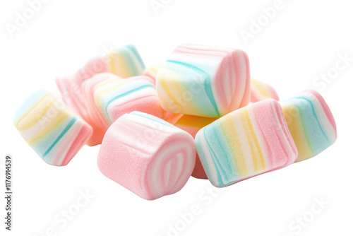 Colorful marshmallows in pastel shades arranged on a white surface photo